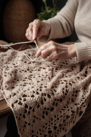 crocheting and knitting skills of a woman working on a blanket alone at home, created with generative aiの素材
