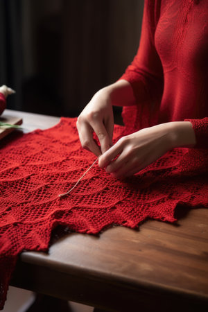 crocheting a red garment on a table, created with generative aiの素材