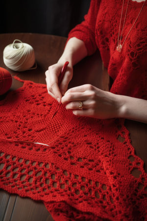 crocheting a red garment on a table, created with generative aiの素材