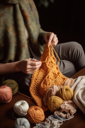 crochet, knitting and a woman with yarn to make clothing, scarf or blanket at home, created with generative aiの素材