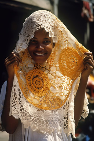 shot of a young woman holding up her crocheted garment, created with generative aiの素材