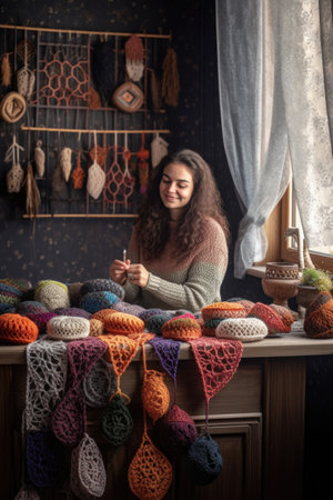 crochet, love and woman with yarn for craft, hobby or hobby work on a table in her home, created with generative aiの素材