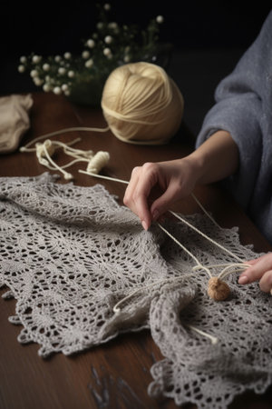 crochet and knitting of hands on fabric in a studio, created with generative aiの素材