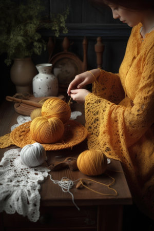crochet, woman and hands with yarn for knitwear, fabric or clothing by table in a home, created with generative aiの素材