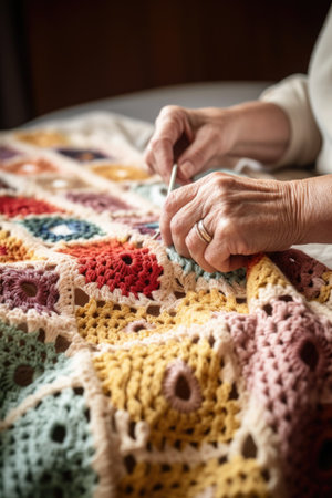 crochet, crocheting or woman with a needle making a blanket in her home for relaxation, created with generative aiの素材