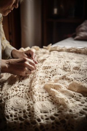 crochet, crocheting or woman with a needle making a blanket in her home for relaxation, created with generative aiの素材