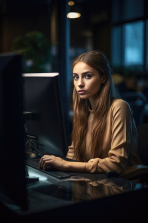 shot of a young woman working at her computer in the office, created with generative aiの素材