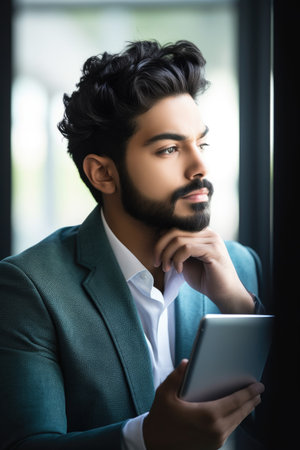 shot of a young entrepreneur looking puzzled while using a tablet in a modern office, created with generative aiの素材