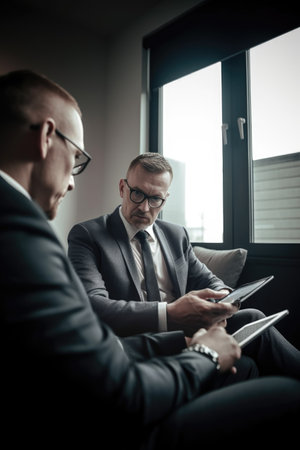 shot of two coworkers sitting together in the office and working with a tablet, created with generative aiの素材