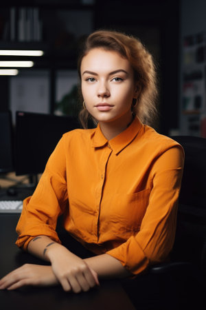 portrait of a young female designer sitting at her desk, created with generative aiの素材
