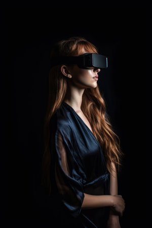 shot of an attractive young woman using a virtual reality headset in front of a dark background, created with generative aiの素材