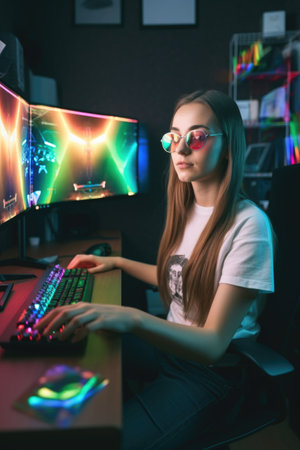 portrait of a young woman using a computer and holding holographic cards in an office, created with generative aiの素材