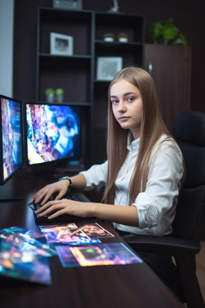 portrait of a young woman using a computer and holding holographic cards in an office, created with generative aiの素材