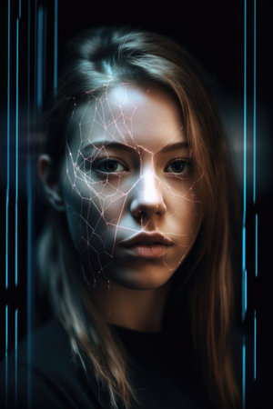 shot of a young woman using a digital interface superimposed on her face, created with generative aiの素材