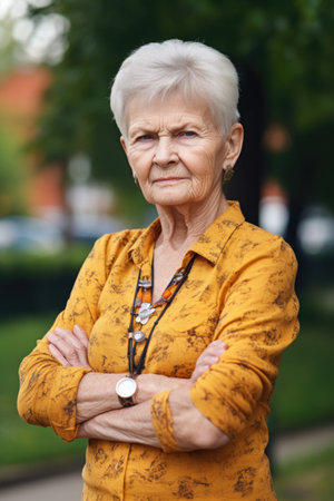 portrait of a senior woman with her arms crossed standing outdoors, created with generative aiの素材