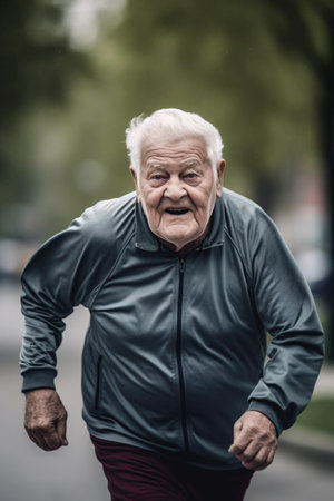 shot of a senior man running outside, created with generative aiの素材