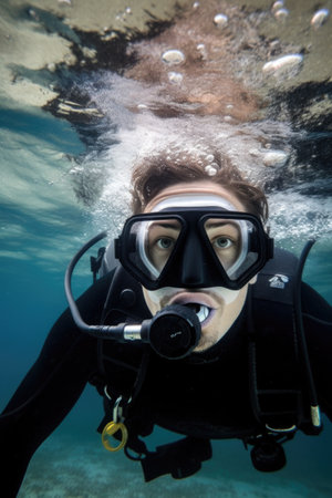 shot of a young man putting his face in the water during scuba diving, created with generative aiの素材