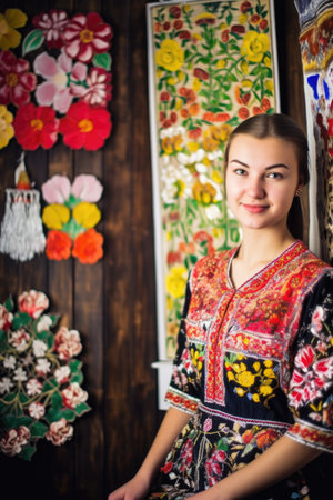 portrait of a beautiful young woman standing next to her art and crafts, created with generative aiの素材