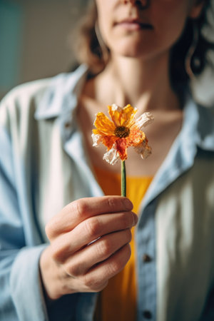 shot of an unrecognizable young woman holding a flower during art therapy, created with generative aiの素材