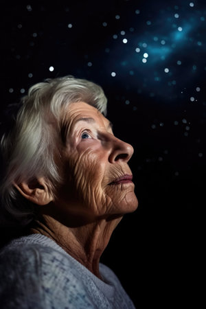 closeup shot of a senior woman looking into the night sky, created with generative aiの素材