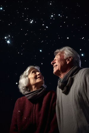 shot of an affectionate senior couple enjoying stargazing at night, created with generative aiの素材