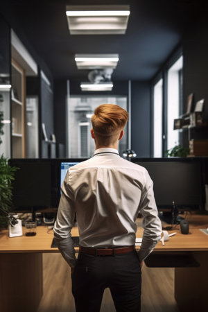 rearview shot of a young businessman in an office, created with generative aiの素材