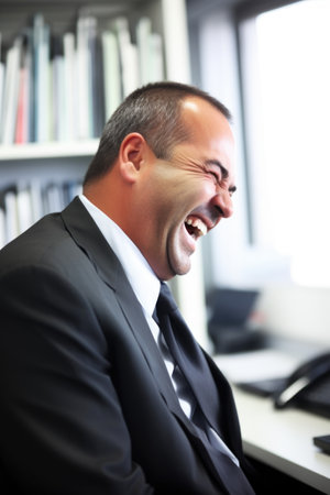 businessman laughing in an office at work, created with generative aiの素材