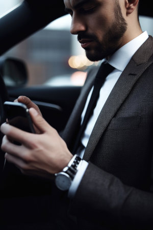 cropped shot of a man using his cellphone in his car, created with generative aiの素材