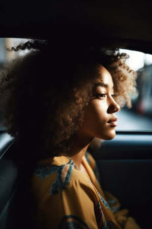 shot of a young woman in the backseat of a car, created with generative aiの素材