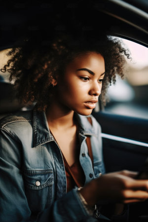 shot of a young woman using her smartphone while traveling in a car, created with generative aiの素材