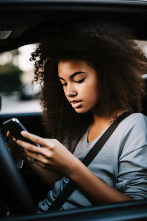cropped shot of a young woman using her smartphone in a car, created with generative aiの素材
