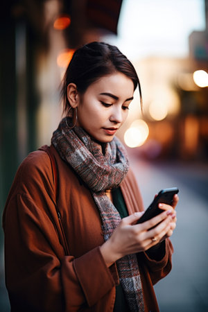 shot of a young woman using her smartphone to send a text, created with generative aiの素材