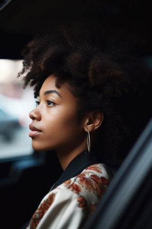 shot of a young woman looking away from the camera in her car, created with generative aiの素材