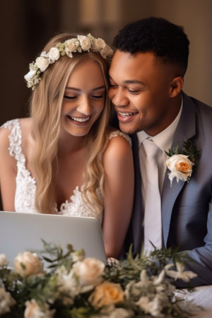 a happy young bride and groom on a laptop with wedding ideas, created with generative aiの素材