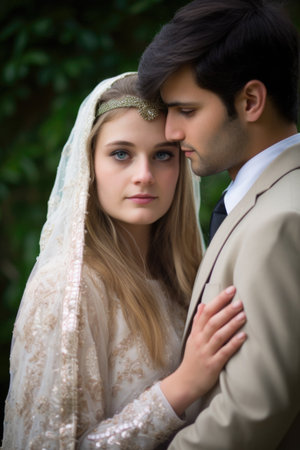 a young bride looking at her partner who is clutching his, created with generative aiの素材