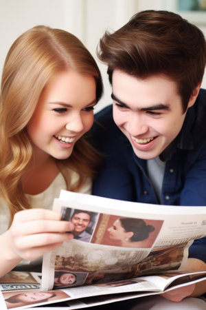 a happy young couple looking through wedding magazines together, created with generative aiの素材