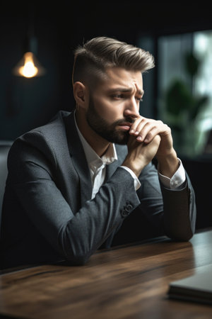 shot of a young businessman looking exhausted while sitting in an office, created with generative aiの素材