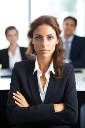 portrait of a young businesswoman sitting in an office with colleagues in the background, created with generative aiの素材
