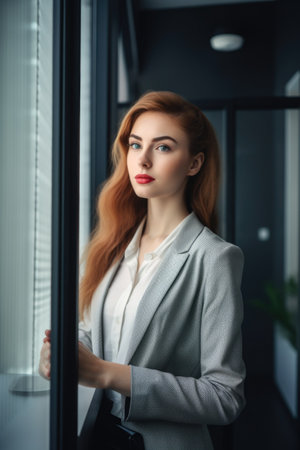 an attractive young businesswoman standing alone in the office and looking at her digital tablet, created with generative aiの素材