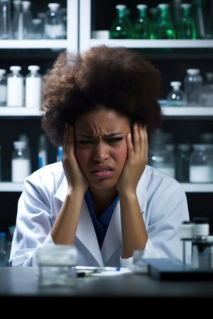 portrait of a young female scientist looking stressed out while working in her lab, created with generative aiの素材