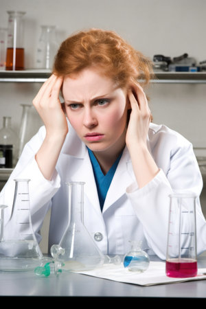 portrait of a young female scientist looking stressed out while working in her lab, created with generative aiの素材