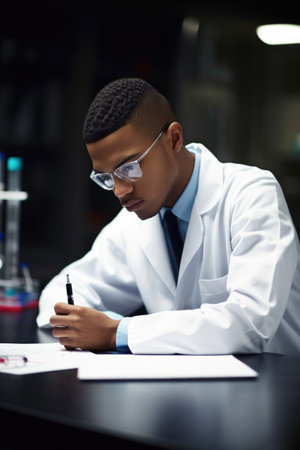 shot of a young scientist writing notes while working in a lab, created with generative aiの素材