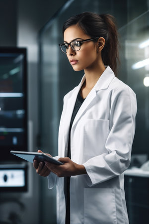 shot of a young female scientist using her digital tablet, created with generative aiの素材