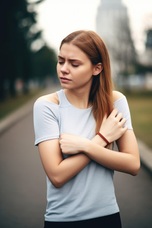 shot of a young woman holding up her arm in pain outside, created with generative aiの素材