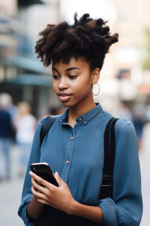 cropped shot of a young woman using her cellphone while standing outside, created with generative aiの素材