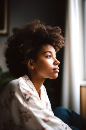 cropped shot of a young woman relaxing at home, created with generative aiの素材