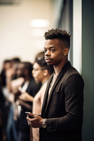 shot of a young man using his phone while waiting in line at an office, created with generative aiの素材