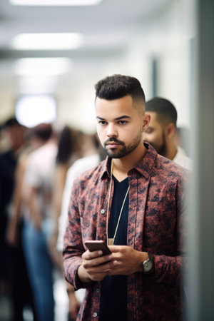 shot of a young man using his phone while waiting in line at an office, created with generative aiの素材