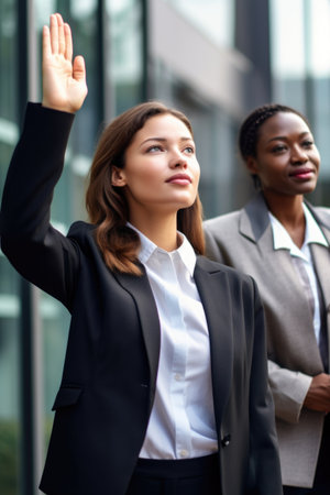 cropped view of a young businesswoman saluting while standing outside with her colleagues, created with generative aiの素材
