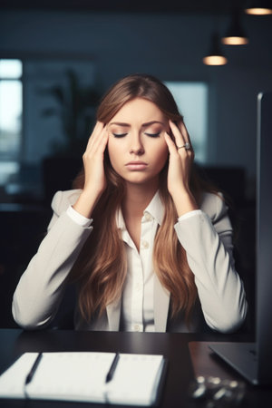 shot of a young businesswoman looking stressed out while sitting at her desk, created with generative aiの素材